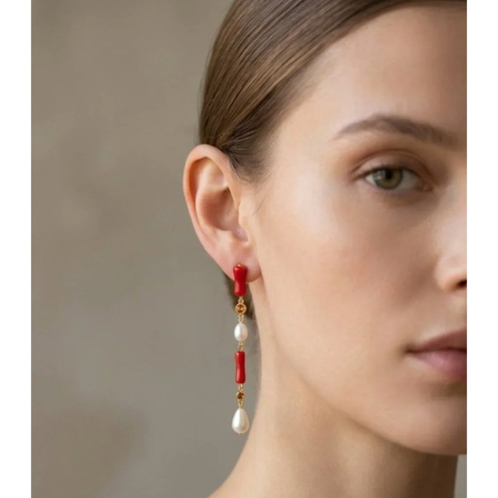 Tuckernuck Red Coral and Pearl Drop Earrings‎ Gold Tone Linear Dangle